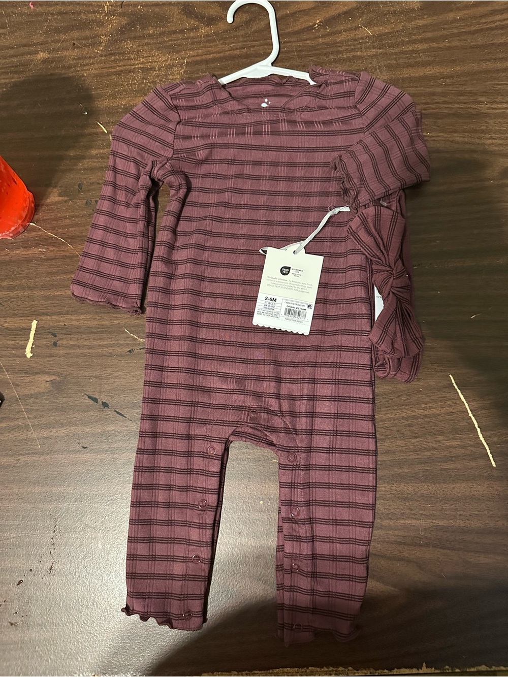 cloud island Mauve Striped Long-Sleeve Baby One-Piece with bow head band
